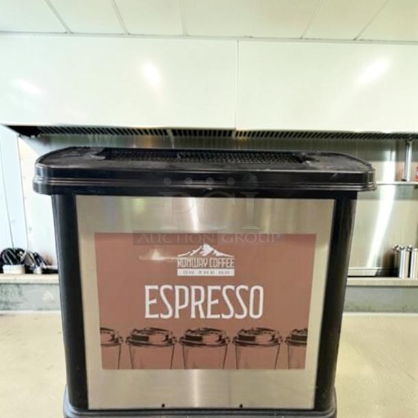 Commercial 55” espresso cart, stainless steel panels, top-tier condition, labeled "Espresso." Fully tested and operational.