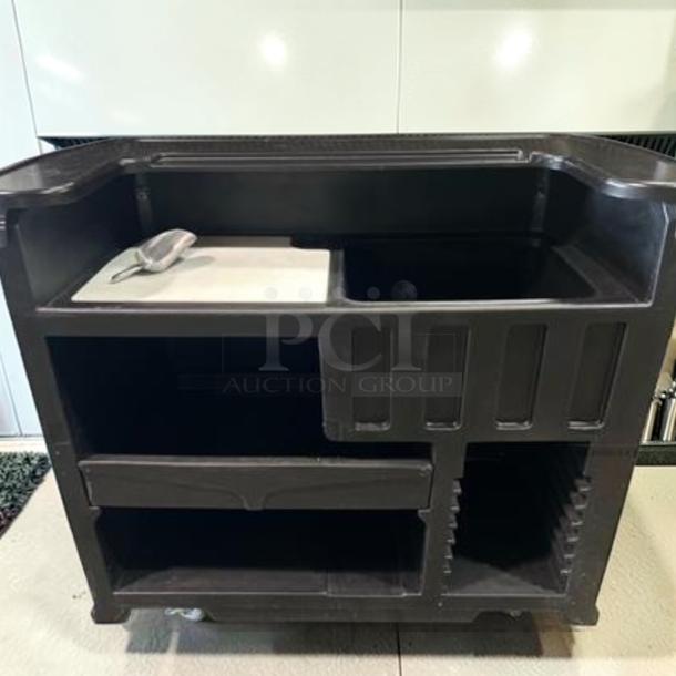 Mobile espresso service cart, 55" commercial size, stainless steel panels, open shelving, fully operational, top-tier condition.