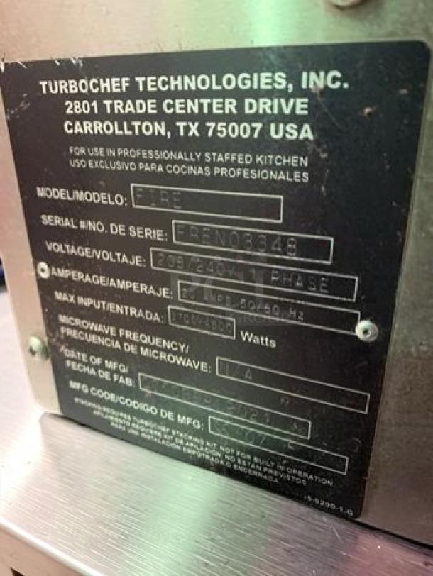 TurboChef Fire high-speed commercial pizza oven, model Fire, in elite condition. Ventless countertop design, fully tested and operational.
