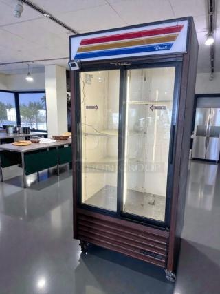 True GDM-33 commercial glass door merchandiser refrigerator, 2 doors, 115V, elite condition, made in USA.