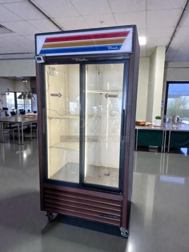 True GDM-33 commercial glass door merchandiser refrigerator, 2-door, elite condition, 115V, made in USA, fully tested.