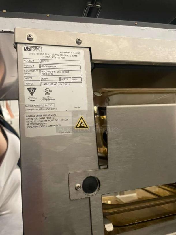 Prince Castle EHBP23 Heated Holding Bin, 120V, pristine condition, visible serial label "BGS3K384672X", fully tested.