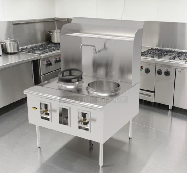 Top-tier Atosa Dual Wok Range, heavy-duty stainless steel, two burners, fully tested, ideal for commercial use. Model ATO-L-RNG-0695.