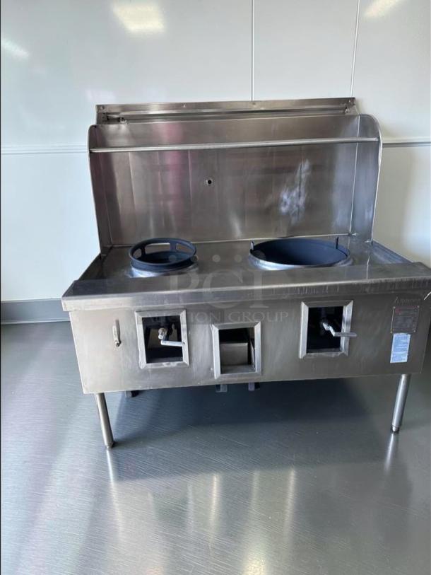 Atosa 2-Hole Commercial Wok Range, dual burner, heavy-duty stainless steel, fully tested, model ATO-L-RNG-0695.