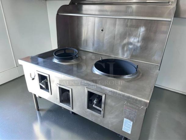 Atosa USA Dual Wok Range in stainless steel, features two burners for commercial use, fully tested and operational, model ATO-L-RNG-0695.