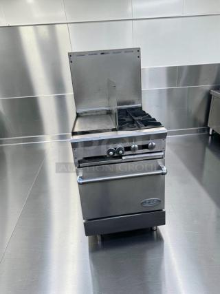 Southbend stainless steel commercial gas range with griddle, open burners, and oven base. Fully tested, excellent condition.