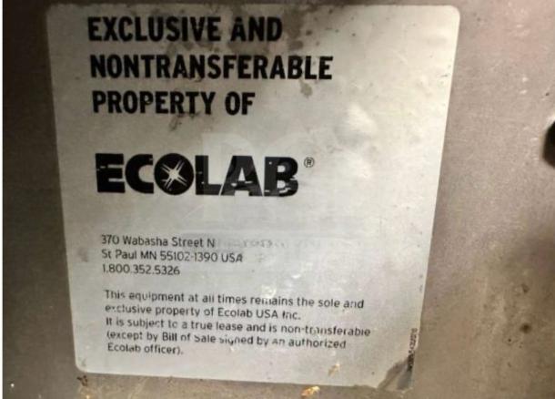 Ecolab ES-2000 Dishmachine label showing ownership and contact info. Excellent condition, fully tested, UL & NSF listed.