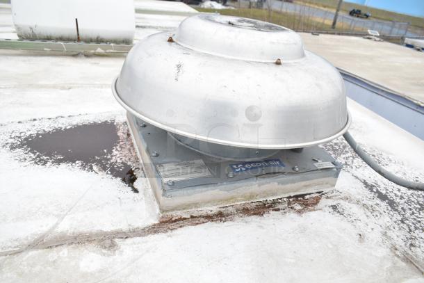 Rooftop Econ-Air ventilation system in commercial mobile kitchen trailer, featuring a metal hood and visible brand label.