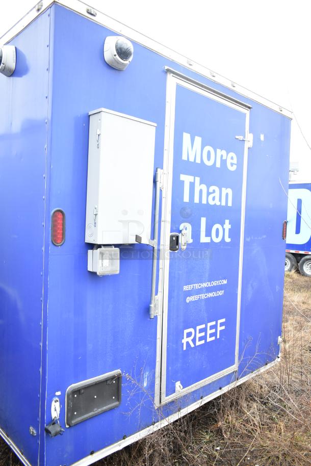 Blue commercial mobile kitchen trailer with "REEF" branding, featuring CaptiveAire hood, Pitco propane fryers, and full refrigeration.
