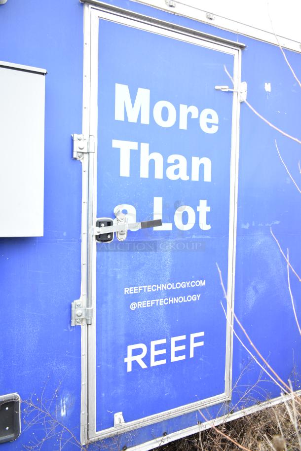 Commercial mobile kitchen trailer with CaptiveAire hood, Pitco propane fryers, and full refrigeration. Blue exterior with "REEF" branding.