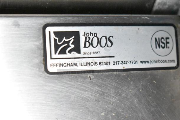 John Boos NSF certification label on stainless steel surface, Effingham, Illinois contact details visible.