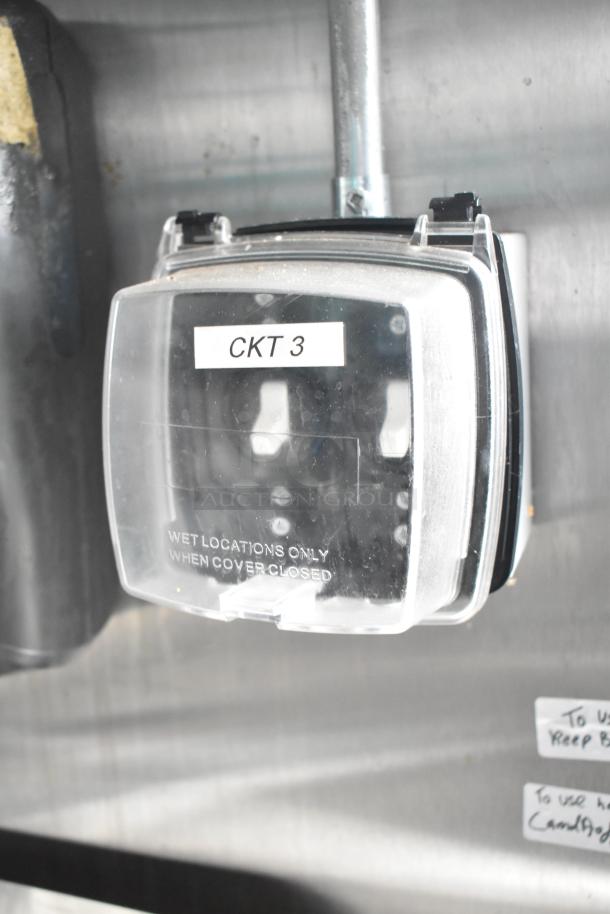 Circuit box labeled "CKT 3" in a mobile kitchen trailer. Marked for wet locations.