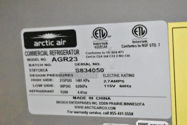 Label on Arctic Air commercial refrigerator model AGR23, serial S834050, with ETL certifications and refrigerant R290.