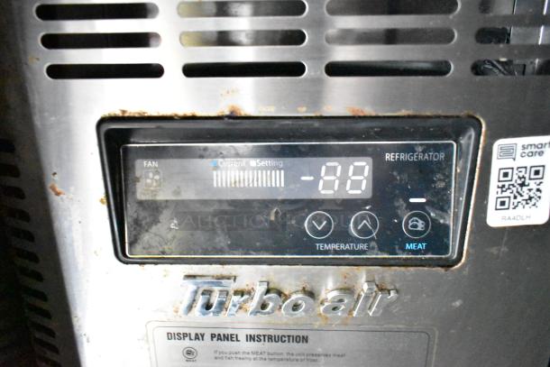 Turbo Air refrigeration unit control panel showing temperature setting at -88. Display panel instruction label is visible.