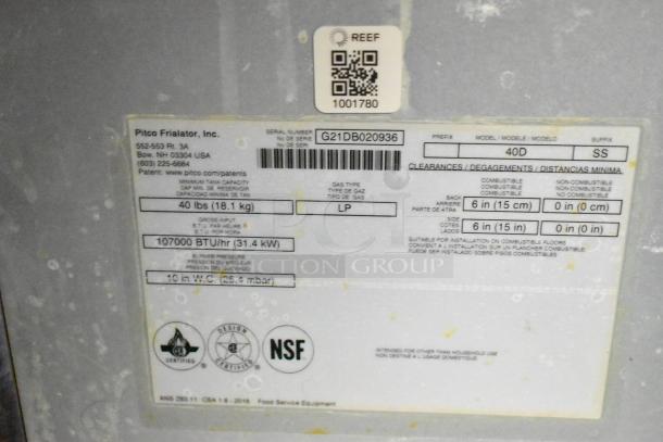 Label on Pitco Fryer indicating 40 lbs capacity, 107000 BTU/hr, model 40D SS, NSF certified, propane-fueled.