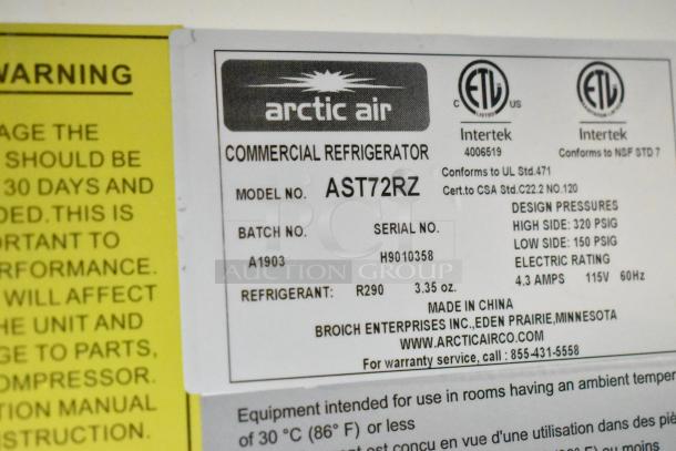 Commercial refrigerator label from Arctic Air, Model AST72RZ. Includes refrigerant R290, electric rating, and design pressures.
