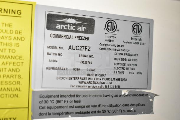 Arctic Air commercial freezer model AUC27FZ label; batch A1904, serial H9025766, R290 refrigerant, 3.35oz capacity.