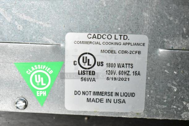 "Cadco Ltd. commercial cooking appliance label, Model CDR-2CFB, UL listed, 1800 watts, 120V, 60 Hz, made in USA, 2021."
