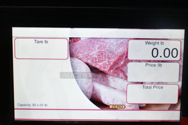 2024 Hobart HTi-7LH4W food scale display showing tare, weight, price per pound, and total price. Capacity 30x0.01 lb.
