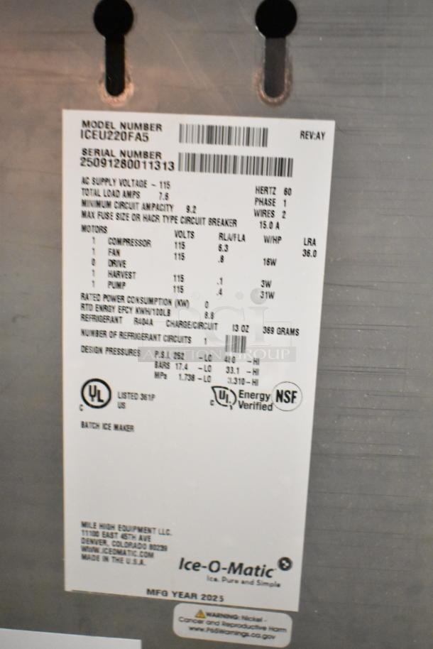 Label of a 2025 Ice-O-Matic ICEU220FA5 Undercounter Ice Machine, showing electrical specs, energy verification, and UL certification.