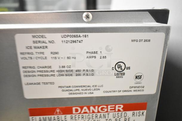 Brand new 2025 Manitowoc UDP0065A-161 undercounter ice machine label. 115V, 1 Phase, UL and NSF listed.