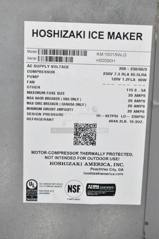 2019 Hoshizaki KM-1601SWJ3 Ice Maker label. 208-230 volts, 1 phase, thermally protected, not for outdoor use. NSF and UL certified.