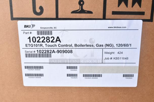 BKI ETG101R boilerless natural gas oven label. Part #102282A, serial #102282A-909008. Weight: 424 lbs.