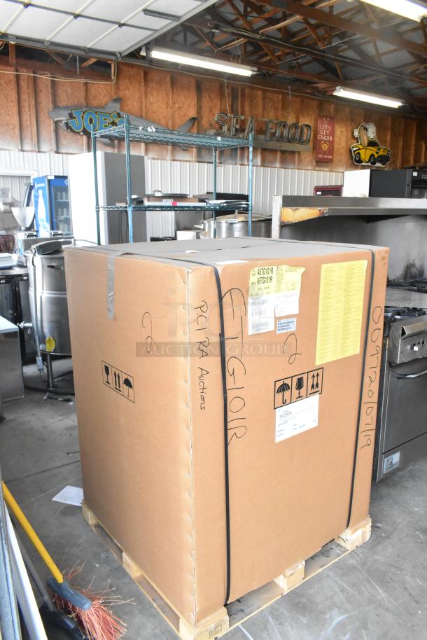 Brand new BKI ETG101R commercial oven in original packaging with visible handling labels and model markings.