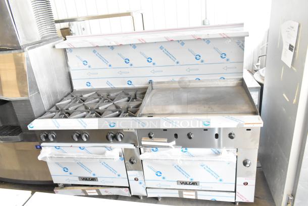 BRAND NEW Vulcan 72" Natural Gas Range, 6 Burners, 36" Griddle, 2 Ovens, Model 72SS-6B36GTN, 310,000 BTU, in packaging.