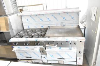BRAND NEW Vulcan 72" Natural Gas Range, 6 Burners, 36" Griddle, 2 Ovens, Model 72SS-6B36GTN, 310,000 BTU, in packaging.