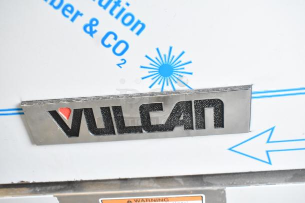 Alt text: Vulcan logo on 72SS-6B36GTN commercial range, 72-inch with 6 burners, 36-inch griddle, 2 ovens, 310,000 BTU.