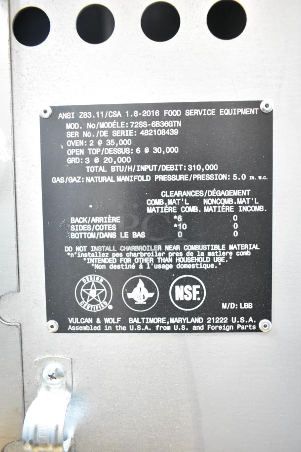 Brand new Vulcan 72SS-6B36GTN commercial range, 72" with 6 burners, 36" griddle, 2 ovens, and 310,000 BTU. Scratch and dent condition.