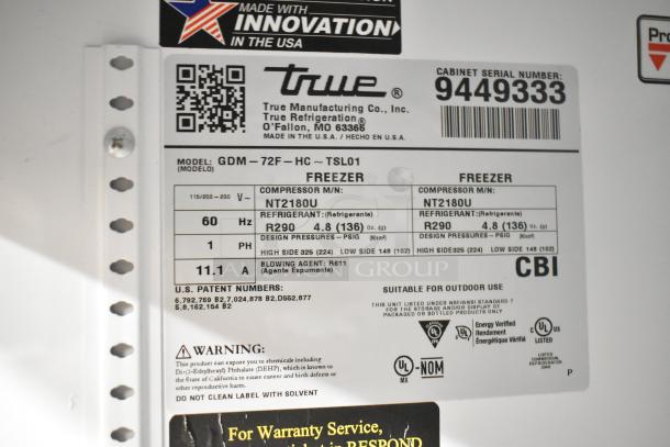 2018 True GDM-72F-HC Commercial 3 Door Freezer Merchandiser label, 115/208-230V, 1 Phase, model and specs shown.