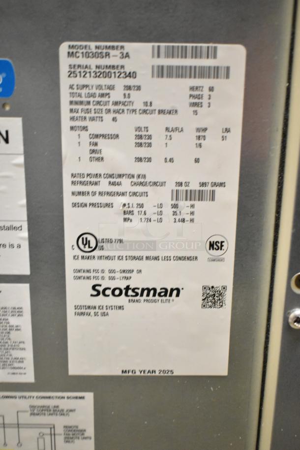2025 Scotsman MC1030SR-3A Ice Machine tag. Details: 996 lb., 208/230V, 3 Phase, R404A refrigerant, UL listed, NSF certified.
