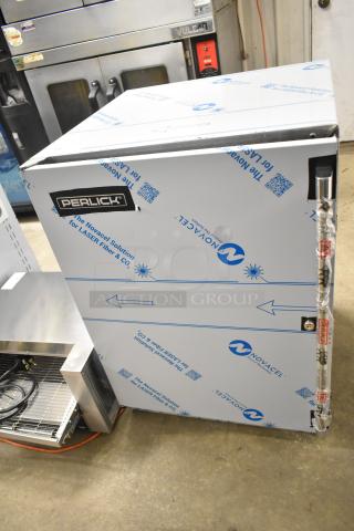 Brand new Perlick HC24FS4S-00-BLFLR undercounter freezer, 115V. Protective packaging shown, marked with brand logo.