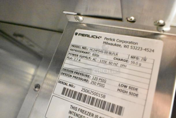 2025 Perlick HC24FS4S-00-BLFLR undercounter freezer label, refrigerant details, 115V, 1 phase, brand new condition.