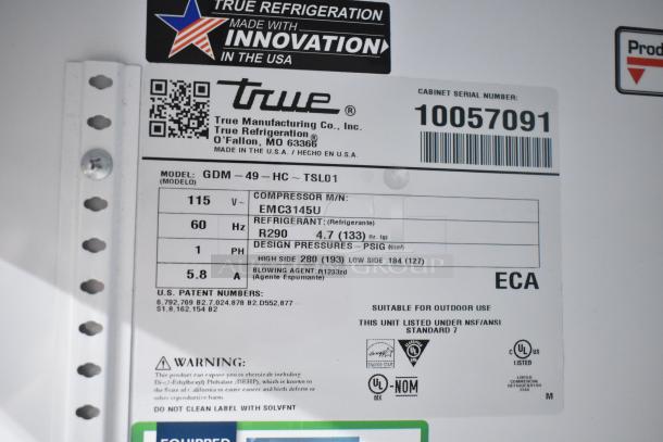 2020 True GDM-49-HC Commercial Cooler label, 115V, 1 phase, R290 refrigerant, NSF/ANSI certified, serial 10057091.