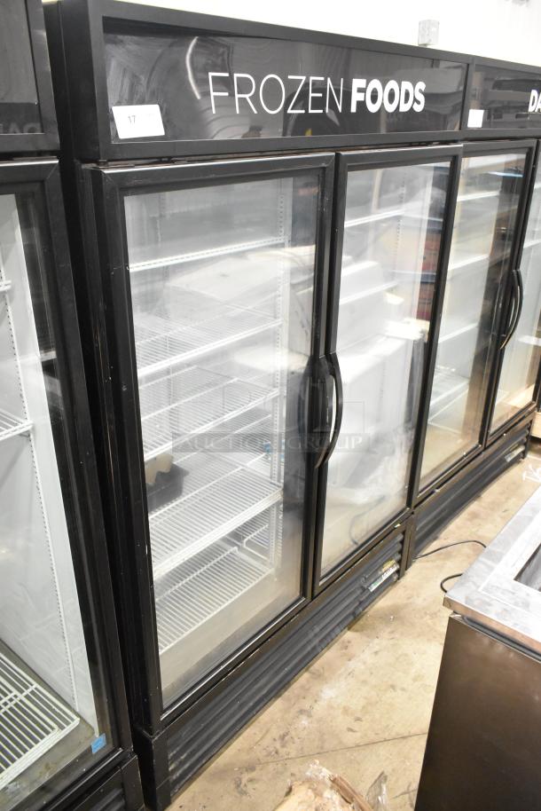 2020 True GDM-49F-HC two-door reach-in freezer, commercial merchandiser, clear doors, "FROZEN FOODS" header.