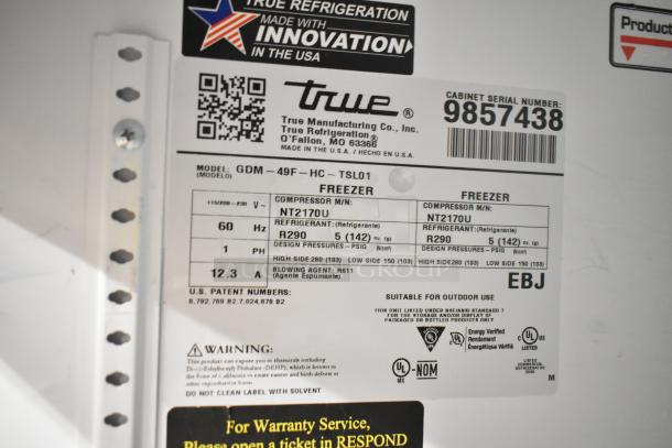 Label on 2020 True GDM-49F-HC commercial freezer, showing model, voltage, phase, refrigerant, and compliance markings.