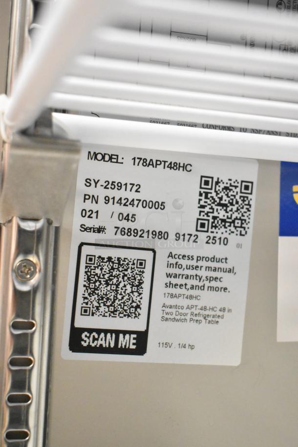 Label on Avantco 178APT48HC Commercial Sandwich Salad Prep Table, indicating model, serial number, and QR code for product info.