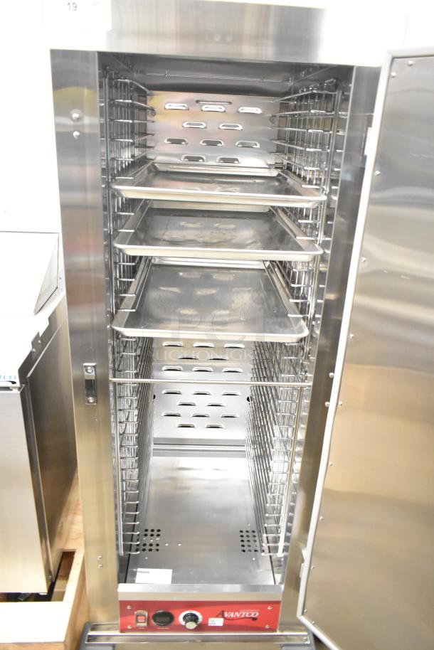 Brand new Avantco 177HTESS1836 full-size heated holding cabinet, insulated, on casters, 120V, with shelves and control panel.