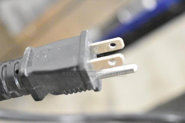 Close-up of power plug for Avantco 177HTESS1836 heated holding cabinet, 120 volts, 1 phase.