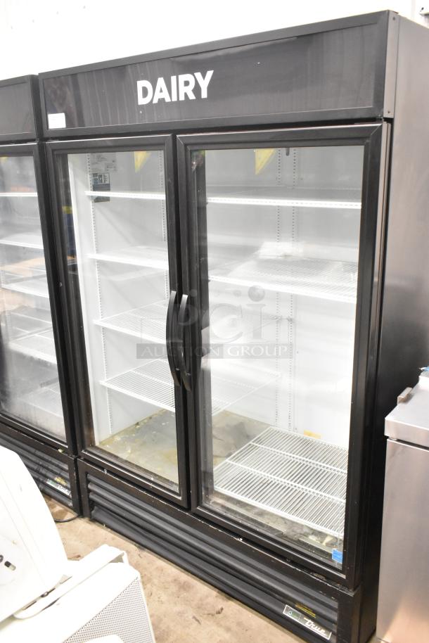 2020 True GDM-49-HC commercial 2-door cooler; glass doors, white wire shelving, "Dairy" label, 115V, 1 phase.
