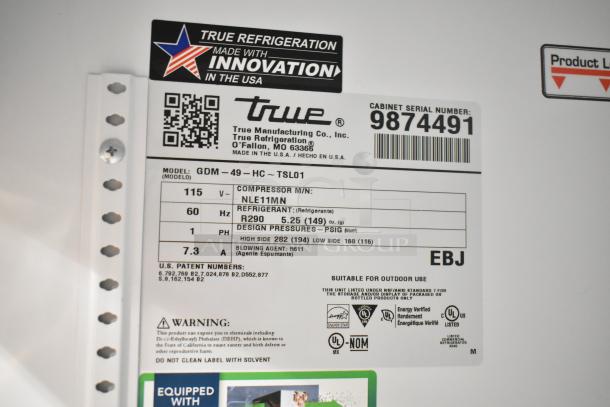 Label of 2020 True GDM-49-HC cooler, 115V, 1 phase, R290 refrigerant, serial 9874491, US-made, NSF compliant.