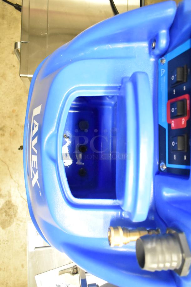 Brand new Lavex 12-gallon carpet extractor, blue, dual 3-stage with 25' hoses, 12" stainless steel wand, 500 PSI.