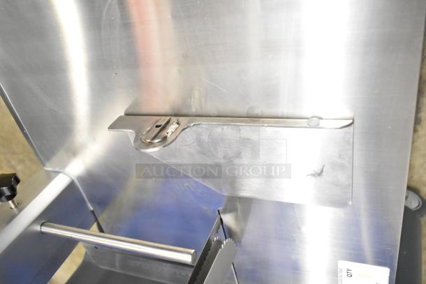 BRAND NEW Backyard Pro 554BSSW65AL Butcher Series 65" blade meat saw, 110V, minor scratch visible, sturdy metal construction.