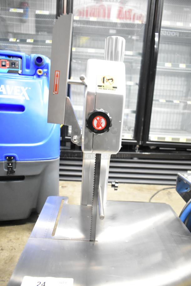 BRAND NEW Backyard Pro 554BSSW65AL Butcher Series 65" Countertop Vertical Band Meat Saw, 110V, 1 Phase, with visible safety labels.