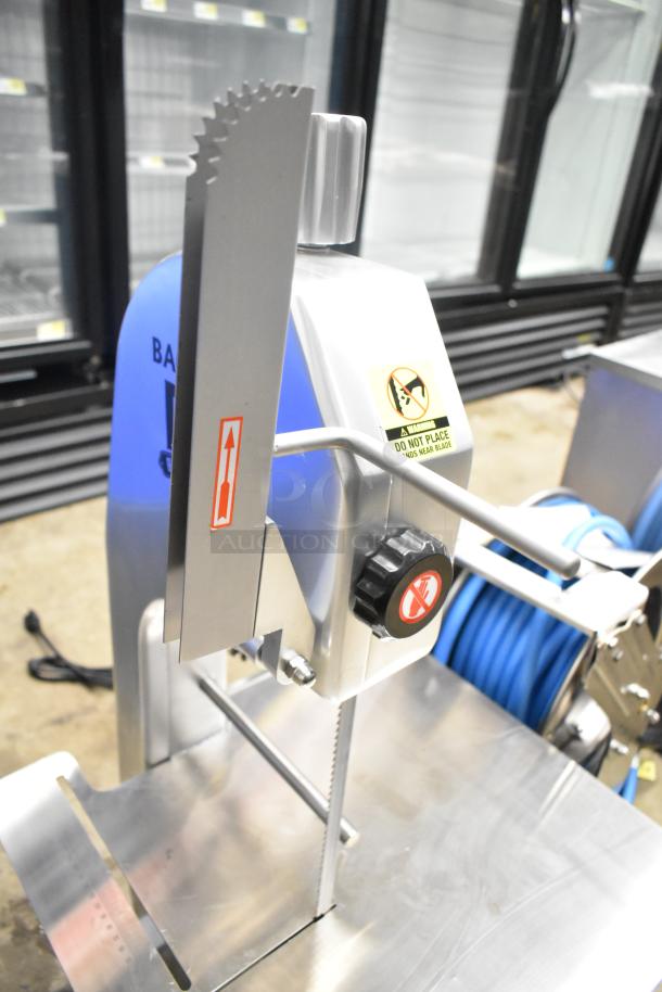 BRAND NEW Backyard Pro 554BSSW65AL Butcher Series 65" Blade Meat Saw. 110V, visible safety warnings, countertop model.