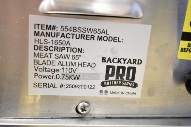 BRAND NEW SCRATCH AND DENT Backyard Pro 554BSSW65AL Meat Saw, 65" blade, 110V, aluminum head, butcher series label visible.
