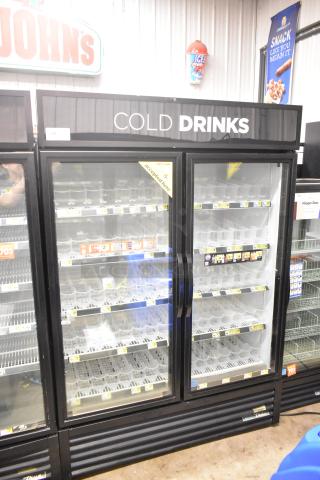 2018 True GDM-49-HC commercial 2-door reach-in cooler, 115V, 1-phase, black exterior, glass doors, brand markings visible.